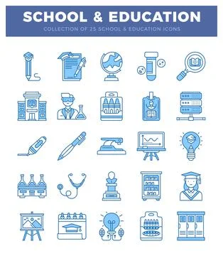 Education icons set in blue flat design with white background Illustrazione stock