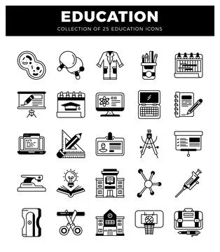 Education icons set. including science. sports. and academic symbols. Black.. イラスト素材