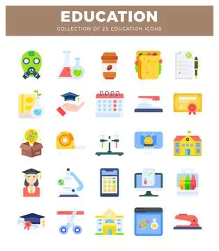 Education icons showcasing learning tools and academic symbols on a white b.. Illustrazione stock
