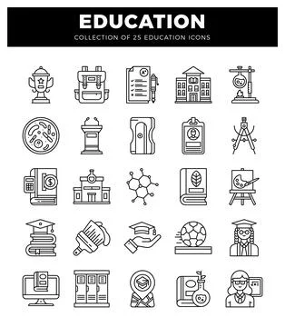 Education icons with trophy. backpack. and graded paper. School building an.. Stock Illustration