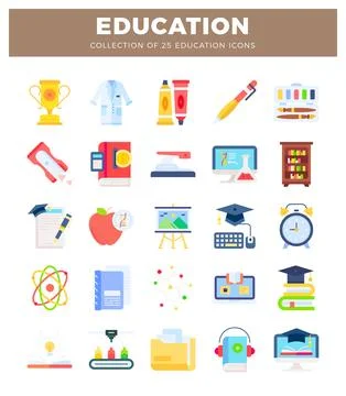 Education icons with trophy. lab coat. paint tubes. and pen Stock Illustration