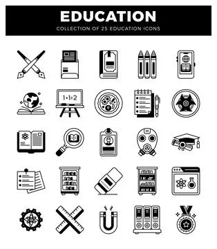 Education icons on a white background. representing learning and science. e.. Stock Illustration
