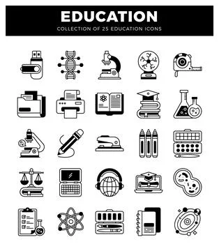 Education icons in a white flat background with black outlines. Black and w.. Stock Illustration