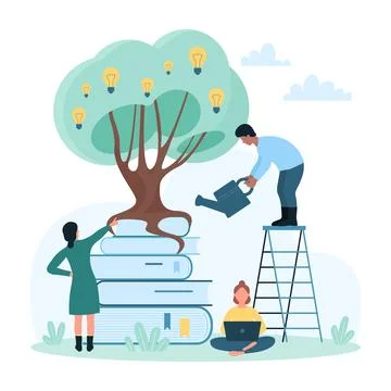 Education, idea growth of tiny people with watering can growing tree of Stock Illustration