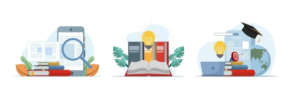 Education illustration set featuring reference books, library collection. Stock Illustration