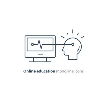Education on internet, learning course, desk top computer, human head icons Stock Illustration