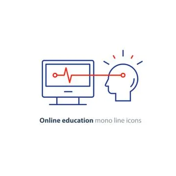Education on internet, learning course, desk top computer, human head icons Stock Illustration