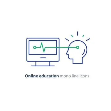 Education on internet, learning course, desk top computer, human head icons Illustrazione stock