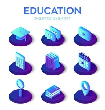 Education isons set. 3d isometric icons for learning or education internet te Stock Illustration