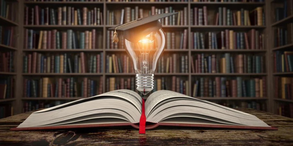 Education, knowledge and innovation concept background. Light bulb with morta Illustrazione stock