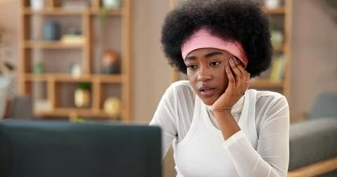 Education, laptop and problem solving with black woman student in home study for 스톡 사진