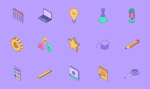 Education &amp; Learning Isometric Icons Set. vector pictogram of flat 库存插图