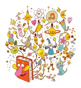 Education, learning, knowledge, literature, imagination, invention illustration Illustrazione stock