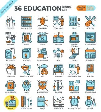 Education & Learning pixel perfect outline icons Stock Illustration