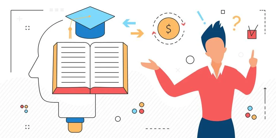Education, learning process line icons and graduate man character isolated Stock Illustration
