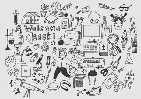 Education, learning, studying. Hand drawn vector doodle school icons and symbols Stock Illustration