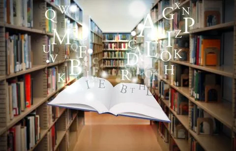 Education Library Book Floating with Letters Stock Illustration