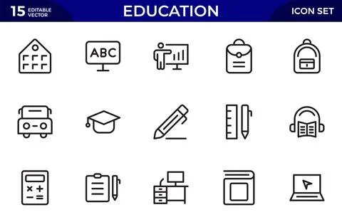 Education line icon set. The set contains icons: E-Learning, Education, Hom.. Illustrazione stock