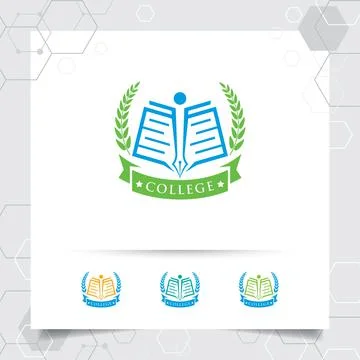 Education logo vector design with concept of book, pen, and wreaths icon illu Stock Illustration