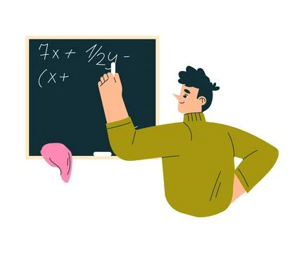 Education with Man Character Write Math Sum on Chalkboard Learning and Study Stockillustratie