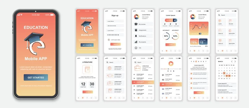 Education mobile app interface screens template set. Online account, progress Stock Illustration