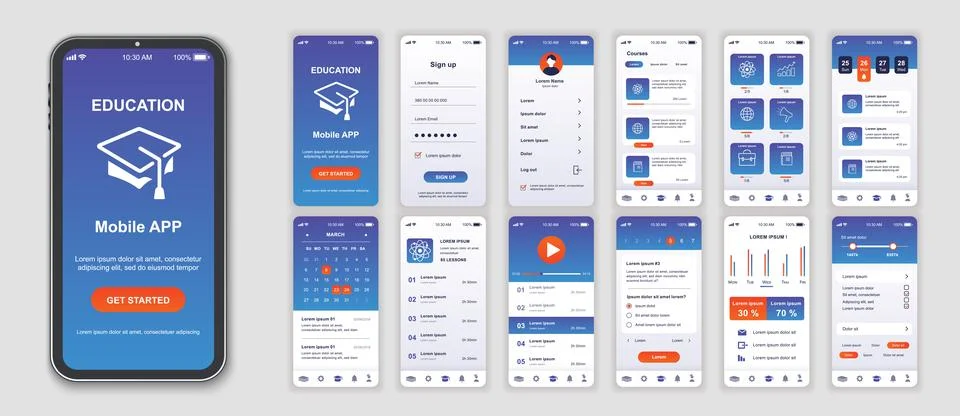 Education mobile app interface screens template set. Online account, course.. Stock Illustration
