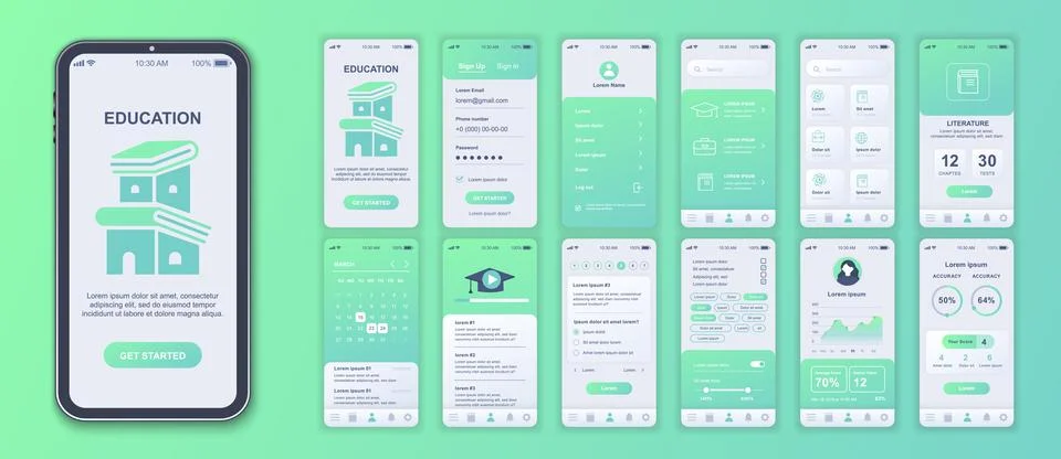 Education mobile app interface screens template set. Account login, learnin.. Illustrazione stock