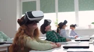 Education At Modern School, Childs In Virtual Reality Glasses, Learning Stock Footage