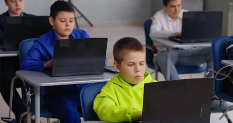 Education In Modern School, Group Of Diverse Teens Boys Programming And Coding Stock Footage 280175587