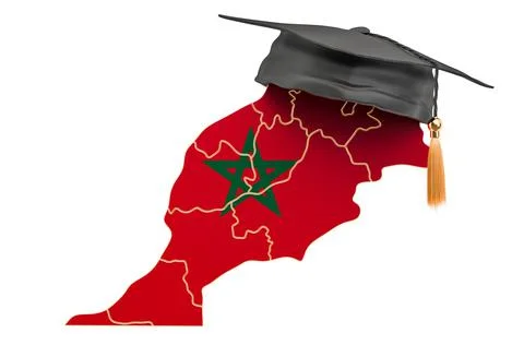 Education in Morocco concept. Moroccan map with graduate cap, 3D rendering Stock Illustration