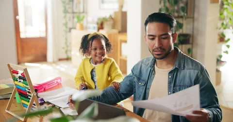 Education, multitask or remote work with father and daughter in home dining room Stock Footage 283696944