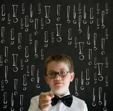 Education needs you thinking boy business man with chalk exclamation marks Stock Photos