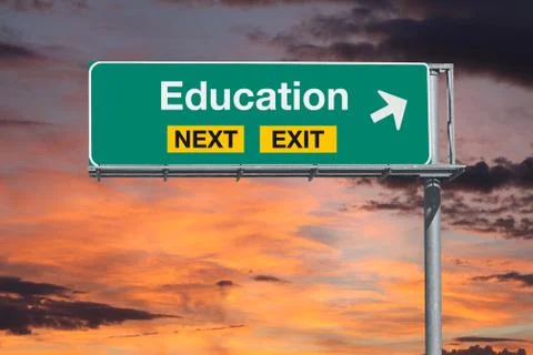 Education Next Exit Freeway Sign with Sunset Sky Stock Photos
