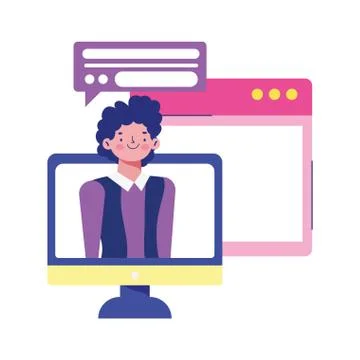 Education online, boy video computer texting website digital Stock Illustration