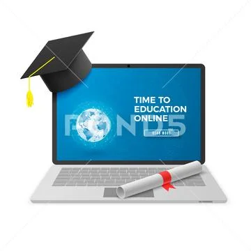 Education Online Concept. Distant learning technology. Notebook with Graduati Stock Illustration