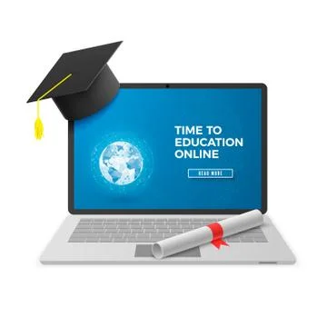 Education Online Concept. Distant learning technology. Notebook with Graduati Stock Illustration