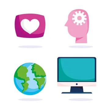 Education online, head think computer map world icons, coronavirus pandemic 스톡 일러스트