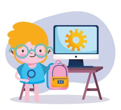 Education online, student boy with backpack and computer in desk Stock Illustration