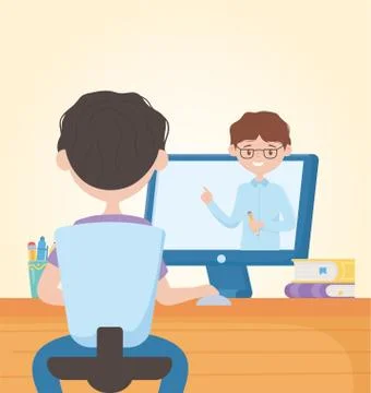 Education online student boy using computer course virtual Illustrazione stock