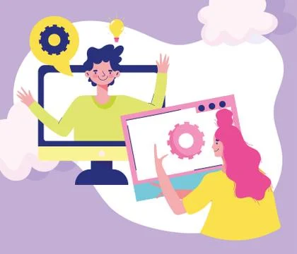 Education online, students computer website digital team class Stock Illustration