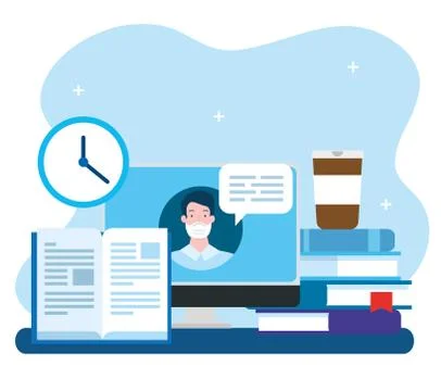 Education online technology with computer and icons Stock Illustration