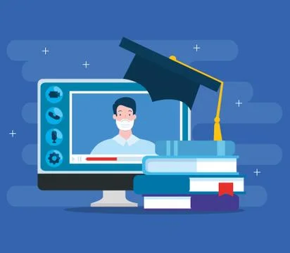 Education online technology with computer and icons Illustrazione stock