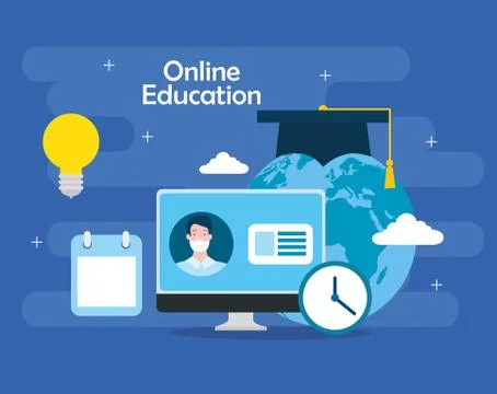 Education online technology with computer and icons Stock Illustration