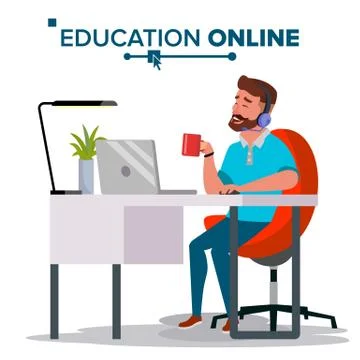 Education Online Vector. Home Online Education Service. Young Man In Headphones Stock Illustration