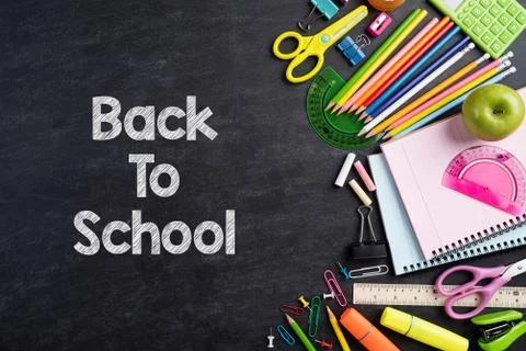 Education or back to school Concept. Top view of Colorful school supplies wit Stock Photos