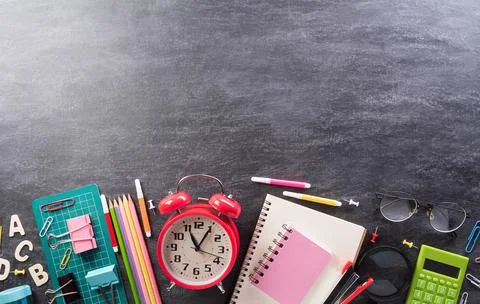 Education or back to school Concept. Top view of Colorful school supplies wit Stock Photos