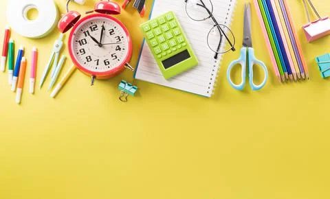 Education or back to school Concept. Top view of Colorful school supplies wit Stock Photos