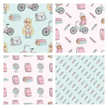 EDUCATION PATTERN SET School Seamless Color Vector Illustration for Print Stock Illustration
