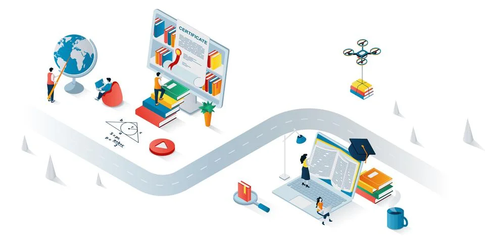 Education process concept 3d isometric web banner. Vector illustration Stock Illustration