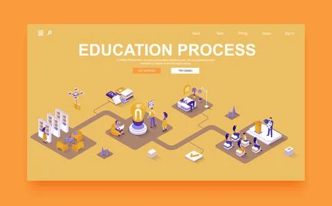 Education process concept 3d isometric landing page template. People studyi.. Stock Illustration